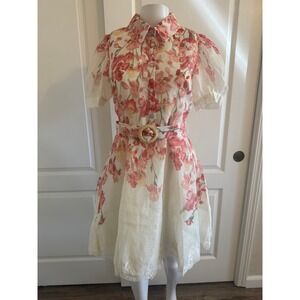 A.Peach Floral Mini Dress Pink Orange White Belted Lace Trim